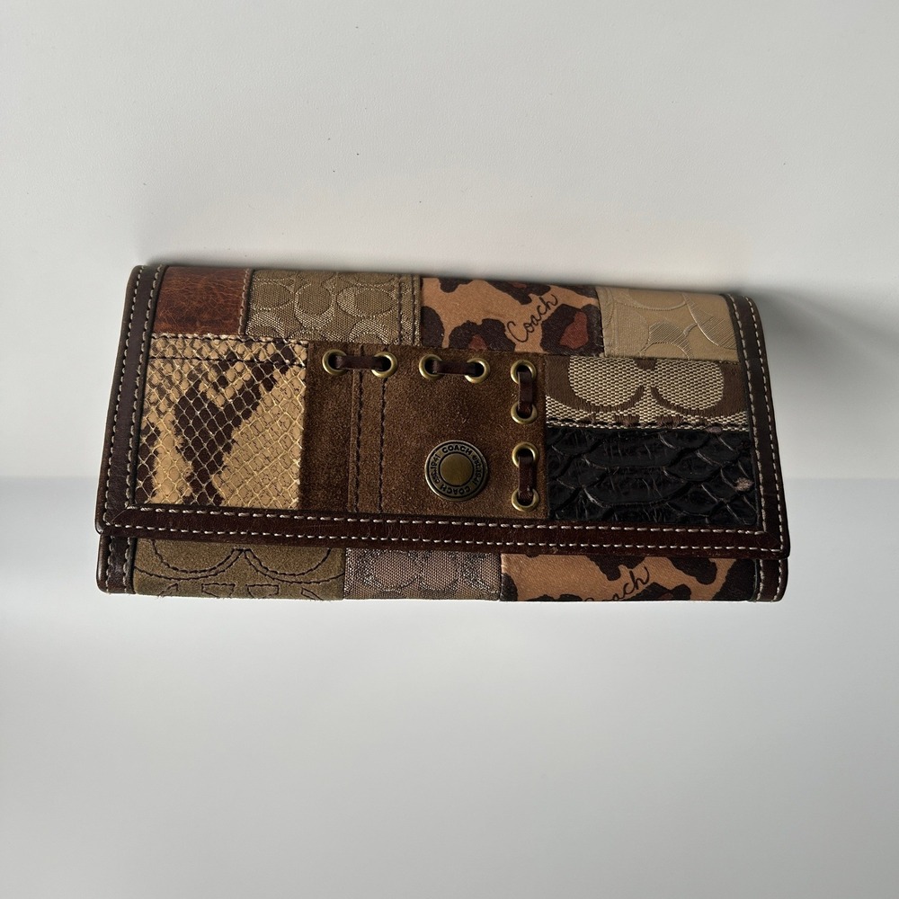 Coach Patchwork Brown Leather Suede Checkbook Wallet 40912